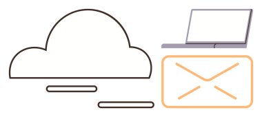 Cloud icon, laptop, and envelope representing cloud storage and email. Ideal for cloud computing, digital communication, networking, file sharing, data management, cybersecurity simple flat metaphor