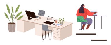 Ofiste masalar, dizüstü bilgisayarlar ve sandalyeler var. Masada oturan bir kadın bilgisayarda çalışıyor. İş için ideal, uzaktan çalışma, işbirliği, modern çalışma alanı üretkenlik iç dekorasyonu. Basit.