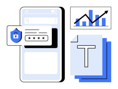 Şifreli akıllı telefon, artan veri grafiği ve metin belgeleri. Güvenlik, analitik, veri görselleştirme, mobil uygulamalar, verimlilik, dijital araçlar için ideal basit iniş sayfası