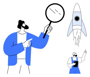 Roketi fırlatırken büyüteçle inceleme yapan bir adam, yanında tablet tutan bir mühendis. Proje analizi, yenilik, takım çalışması, araştırma, teknoloji ve başlangıç büyümesi için ideal