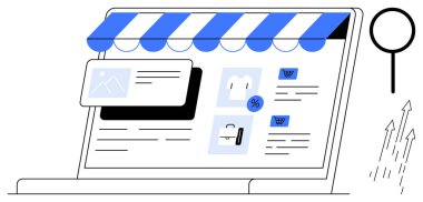 Dijital mağaza önü dizaynı olan dizüstü bilgisayar, vitrin ürünleri, indirim etiketleri ve el arabaları. Büyüteç ve yukarı doğru oklar keşif, büyüme ve yenilik göstermektedir. Çevrimiçi ticaret için ideal
