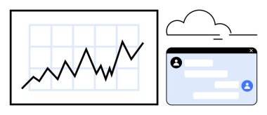 Sohbet etkileşimi ve bulut simgesinin yanında yükselen eğilimi gösteren büyüme tablosu. İş stratejisi, takım çalışması, analitik, iletişim, teknoloji, işbirliği, basit iniş sayfası için ideal