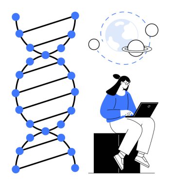 Bir tarafta DNA sarmalı ve gezegen yörüngeleri, diğer tarafta dizüstü bilgisayarlı araştırmacı, bilim ve keşifleri birleştiriyor. Eğitim, genetik, araştırma, uzay teknolojisi, yenilik ve keşif için ideal