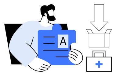 Elinde bulmaca parçası olan bir adam, aşağı doğru büyük bir ok, kutu ve ilk yardım çantası. İşbirliği, organizasyon, eğitim, problem çözme sağlık bilgi sistemleri ve teknoloji için ideal. Basit.