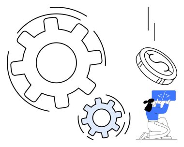 Geliştirici dönen dişliler ve düşen paralar için kod arayüzü tutuyor. Teknoloji, otomasyon, süreç, verimlilik, kalkınma, finans, başlangıç temaları için idealdir. Basit bir iniş sayfası için mükemmel.