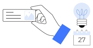 El ele tutuşan kartvizit, minimalist ampul ve tarihli takvim. Yaratıcılık, planlama, ağ, organizasyon, fikirler, iş stratejisi etkinliği yönetimi için idealdir. Basit bir daire.