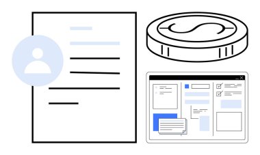 Kullanıcı profili simgesi, belge, tarayıcı UI ve madeni para. Finans, dijital platformlar, iş akışı, hesap yönetimi planlama iş teknolojisi kavramları için ideal. Düz basit metafor