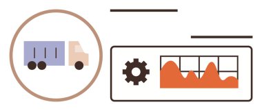 Analiz panelinin yanında, teçhizatlı ve grafikli bir kamyon. Lojistik, ulaşım, veri analizi, tedarik zinciri, dağıtım takibi, iş stratejisi ve modern teknoloji için ideal. Basit düz