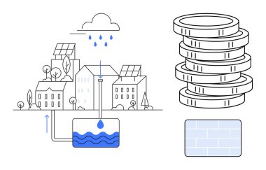 Kentsel ortamlarda yağmur suyu koleksiyonu, güneş panelleri, su tankı ve finansal yardım konsepti. Sürdürülebilirlik, yenilenebilir enerji, eko-yaşam, tasarruf, kentsel planlama için ideal basit