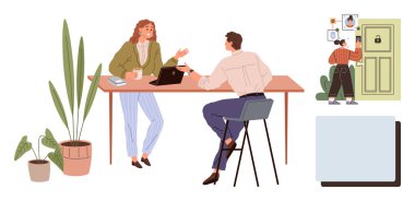 İki iş arkadaşı bir dizüstü bilgisayar ve bir masada kahve ile sohbet ediyor. Diğeri kapıyı kilitleyerek güvenliği sağlar. Takım çalışması, işyeri, işbirliği, gizlilik, güvenlik, karar verme odaklanma için ideal. A