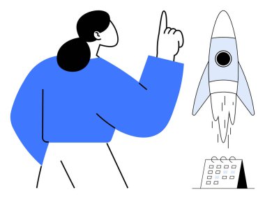 Takvimin yanındaki uçan roketi işaret eden kendine güvenen bir kadın. Başlangıç, planlama, yenilik, hedef belirleme, liderlik, üretkenlik, takım çalışması, basit düz metafor