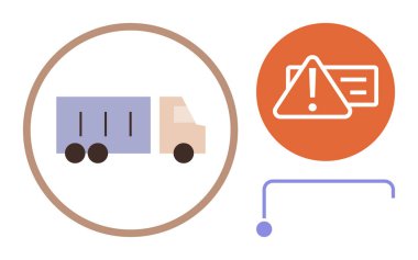 Daire şeklinde teslimat kamyonu, ünlem işaretli uyarı işareti, ve çarpışma çizgisi lojistik güvenliği vurguluyor. Ulaşım, taşımacılık, risk yönetimi, lojistik, güvenlik ve uyarı temaları için ideal