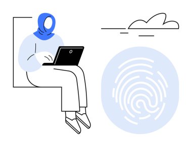 Dizüstü bilgisayar kullanan başörtülü kadın, büyük parmak izi ve bulut öğesi dijital kimlik, güvenlik ve erişimi temsil ediyor. Teknoloji için ideal, siber güvenlik, uzaktan çalışma, kimlik doğrulama, gizlilik modern