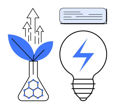 Laboratuvar şişesinde büyüyen bitki, enerji sembollü ampul ve klima. Teknoloji, yeşil enerji, bilim, sürdürülebilirlik, yenilik, çevre dostu tasarım temiz enerji için idealdir. Basit.