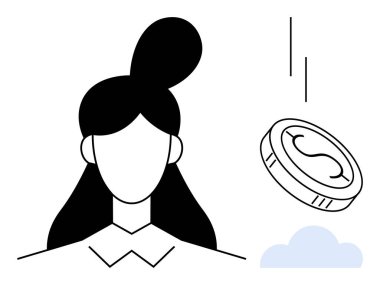 Düşen bir para ve bulutun yanında kadın silueti. Finans, zenginlik, yatırım, karar verme, fırsat, minimalizm ve soyut düz metafor için ideal