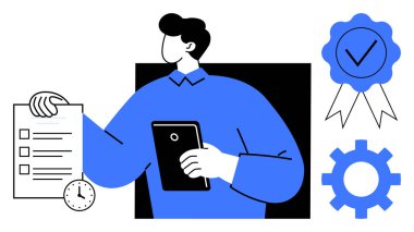 Verimliliği, zaman yönetimini, başarıyı ve verimliliği simgeleyen kontrol listesi ve tablet, saat, rozet ve teçhizat. Planlama ve görev yönetimi hedef belirleme projesi için ideal