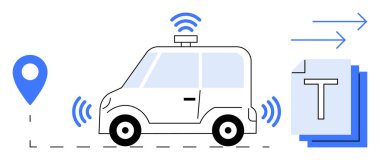 Kablosuz sinyalleri, harita iğnesi, hareket okları ve veri aktarım simgeleri olan otomatik çalışan bir araba. Teknoloji, yenilik, ulaşım, yapay zeka, otomatik GPS navigasyonu için idealdir.