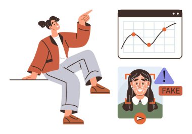 Kendine güvenen bir kadın, veri tablosu analizleri, yüz taraması, sahte içerik ve uyarı. Teknoloji, yapay zeka, siber güvenlik, eğitim, etik analitik yeniliği için ideal