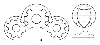 Bulutun içindeki dişliler işlemleri ve veri işlemeyi temsil ediyor. Küre küresel ulaşımı temsil ediyor. Teknoloji, bulut hesaplama, dijital dönüşüm, yenilik, takım çalışması, küreselleşme için ideal
