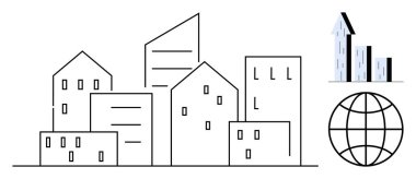 Minimalist şehrin ufuk çizgisi yukarı doğru çizgisi ve küreselleşme, büyüme, küreselleşme ve ekonomik kalkınmayı vurguluyor. İş stratejisi, ilerleme, finans ve küresel için ideal