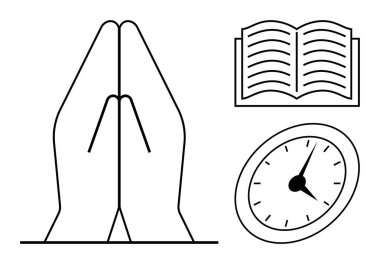 Eller açık bir kitap ve saatin yanında dua etmek bağlılığı, duayı, zaman yönetimini, eğitimi, inancı, ruhaniliği ve dengeyi sembolize eder. Din, farkındalık, zaman, odak ve maneviyat için ideal.