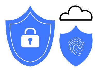 Kilitli ve parmak izli mavi kalkanlar, yukarıda kara bulut. Siber güvenlik, veri depolama, çevrimiçi güvenlik, gizlilik, bulut hesaplama, dijital koruma, basit düz metafor