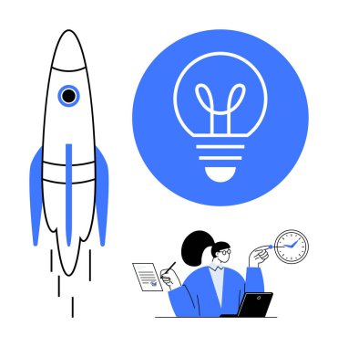 Roketin patlaması, büyük ampul sembolü, dizüstü bilgisayar, dosya ve saatle çalışan kişi. İş, yenilik, girişim, yaratıcılık planlama için ideal basit bir iniş sayfası