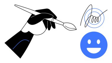 Boya fırçasıyla el, soyut karalama ve modern mutluluk yaratıyor. Yaratıcılık, yenilik, sanat, tasarım, işçilik, markalaşma ve basit bir iniş sayfası için ideal