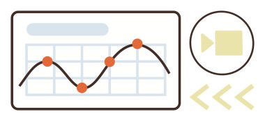 Çizgi grafiği ve turuncu veri noktaları olan çizelge, video oynatma düğmesi, akışı gösteren oklar. Analiz, sunumlar, raporlama, takım çalışması, çevrimiçi öğrenme, iletişim için ideal basit düz metafor