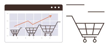 Alışveriş arabaları, yukarı doğru ok eğilimli veri grafiğindeki büyümeyi temsil ediyor. E-ticaret, satış büyümesi, pazar eğilimleri, analitik, çevrimiçi alışveriş, iş başarısı, dijital ekonomi için ideal