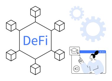 DeFi etiketli altıgen engelleme sistemi, dişlileri sembolize etme mekanizması, çevrimiçi öğrenme arayüzünü gösteren kadın. Finans, eğitim, teknoloji, engelleme zinciri, yenilik ve ekonomi için ideal