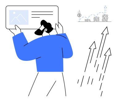 İlerleme gösteren büyük bir çizelge tutan adam, yatırımı gösteren bozuk paralar biriktiren ve yukarı bakan oklar finansal büyümeyi gösteriyor. Finans, iş, yatırım, büyüme, sunum için ideal