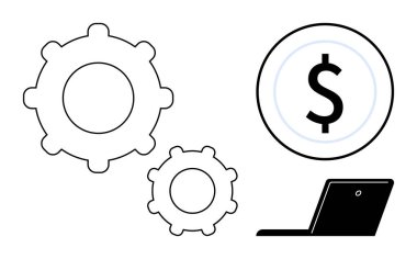 Vitesler, dizüstü bilgisayarlar ve dolar işaretleri birbirine bağlı otomasyon, finansal büyüme ve teknolojik çözümler. İş, teknoloji, otomasyon, finansman verimliliği yeniliği için ideal