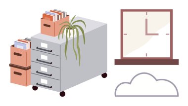 Belgeli dosya çekmeceleri, dolaba yerleştirilmiş masa örtüsü, pencereye yakın duvar saati ve minimum bulut. Organizasyon, verimlilik, zaman yönetimi, çalışma alanı kurulumu, modern ofis yaratıcılığı için ideal