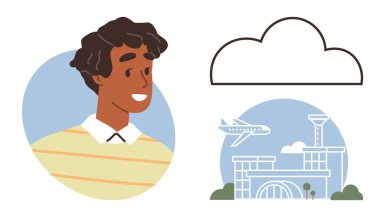 Pastel renkli gülümseyen kişi, havaalanı binasının üzerinde uçan uçak ve soyut bulut. Seyahat, iletişim, havacılık, teknoloji, ağ turizmi konseptleri için ideal. Basit.