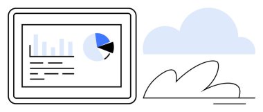 Şekillendirilmiş bulut çiziminin yanında pasta grafiği, çubuk grafiği ve analiz tableti. Veri analizi, bulut hesaplaması, teknolojik çözümler, iş eğilimleri, strateji, yenilik için ideal