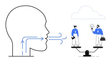 Dışarı çıkmış oklarla insan kafası konuşma ve ifadeyi sembolize eder. Dengeli teraziler, fikirleri paylaşan iki bireyi temsil eder. Takım çalışması, iletişim, denge, işbirliği, eşitlik, liderlik için ideal