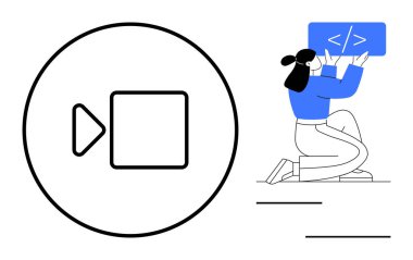 Geliştirici video simgesinin yanında kodlama ekranı ile diz çöküyor. Teknoloji, kodlama, programlama, video dersleri, web geliştirme, çevrimiçi öğrenme, dijital araçlar, basit iniş sayfası için ideal
