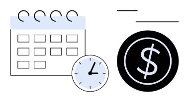 Saat, takvim ve dolar para çizelgesi, zaman optimizasyonu ve finansal planlamayı gösteriyor. Finans, verimlilik, bütçe ve tasarruf süreleri için ideal iş stratejisi