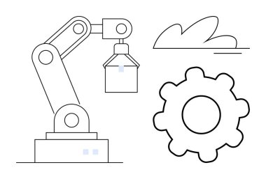 Vitese yakın ve soyut şekillerde robotik kol kaldırma objesi. Otomasyon, endüstri, yenilik, robot bilimi, makine, imalat ve mühendislik kavramları için idealdir. Basit düz metafor