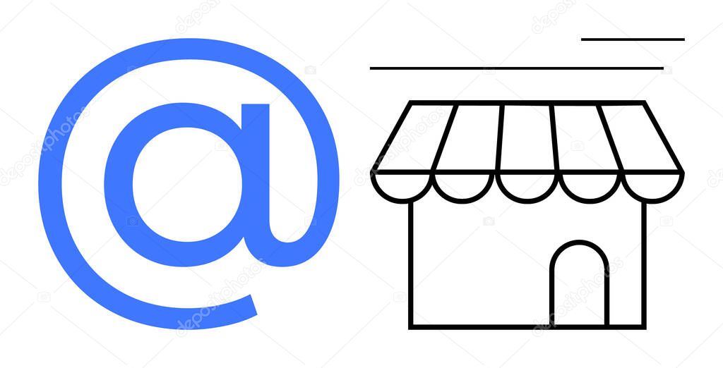 Large blue email at symbol next to a small storefront with striped awning and door. Ideal for ecommerce, online shopping, email marketing, digital stores, business branding, communication, modern
