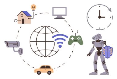 Bilgisayar, robot, kamera, kumanda, araba, ev ve saati birleştiren internet küresi. Yenilik için ideal, İOT teknolojisi otomasyon gelecekteki bağlantı akıllı sistemler. Temiz daire
