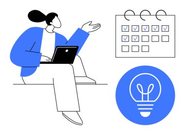 Dizüstü bilgisayarlı bir kadın görev takvimine ve parlayan ampul ikonuna doğru hareket ediyor. Proje yönetimi, üretkenlik, yenilik, takım çalışması, beyin fırtınası, zaman yönetimi, basit