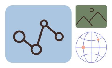Birbirine bağlı düğümleri olan çizgi grafiği, yeşil dağ grafiği, altı çizili noktaları olan dünya. Veri analizi, küresel erişim, bağlantı, teknoloji, istatistik haritalama trendleri için ideal. Basit düz