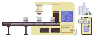 Robot kol dizme kutuları, arayüz ekranları, güvenlik doğrulaması için akıllı telefon ve şehir manzarası içeren montaj hattı. Otomasyon, teknoloji, robotik, endüstri ve yenilik için ideal