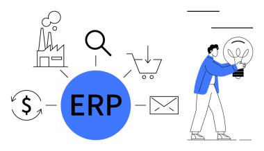 Merkezde ERP var, fabrika bağlantıları, büyüteç, alışveriş arabası, dolar, ampul tutan zarfçı. Girişim yönetimi, üretkenlik, otomasyon, bütünleşme kaynağı için ideal