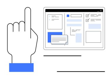 Parmak, çeşitli arayüz ögelerini gösteren bir tabletle etkileşim halinde. İşaretli kutular, metin alanları ve notlar. Teknoloji, arayüz tasarımı, mobil geliştirme, görev yönetimi için ideal