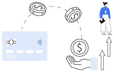 Kredi kartının eline bozuk para göndermesi, finansal büyümeyi gösteren yukarı doğru oklar, gözlemleyen bir kişi. Finans, bankacılık, nakitsiz ekonomi, yatırım, e-ticaret, fintech modern bankacılık için ideal