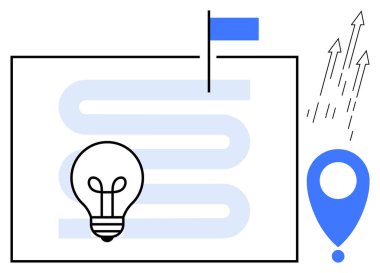 Ampul, kıvrımlı yol, bayrak, işaret ve yukarı doğru oklar. Yaratıcılık, yenilik, strateji, hedef belirleme büyüme motivasyonunu izlemek için ideal. Basit düz metafor