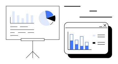 Bar tablosu, pasta grafiği, metin ve veri analizini gösteren dijital arayüzlü sunum tahtası. İş analizleri, pazarlama stratejileri, mali planlama, veri eğilimleri için ideal